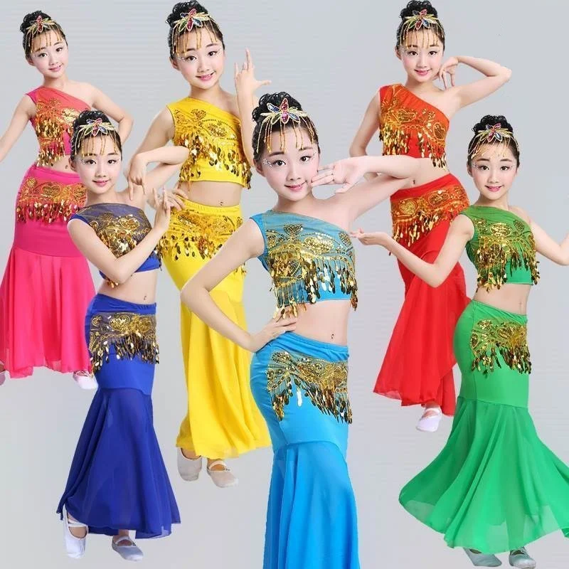 Disfraz de danza del vientre para niña y mujer, traje Oriental con lentejuelas, falda con cola de pez, 100-160CM