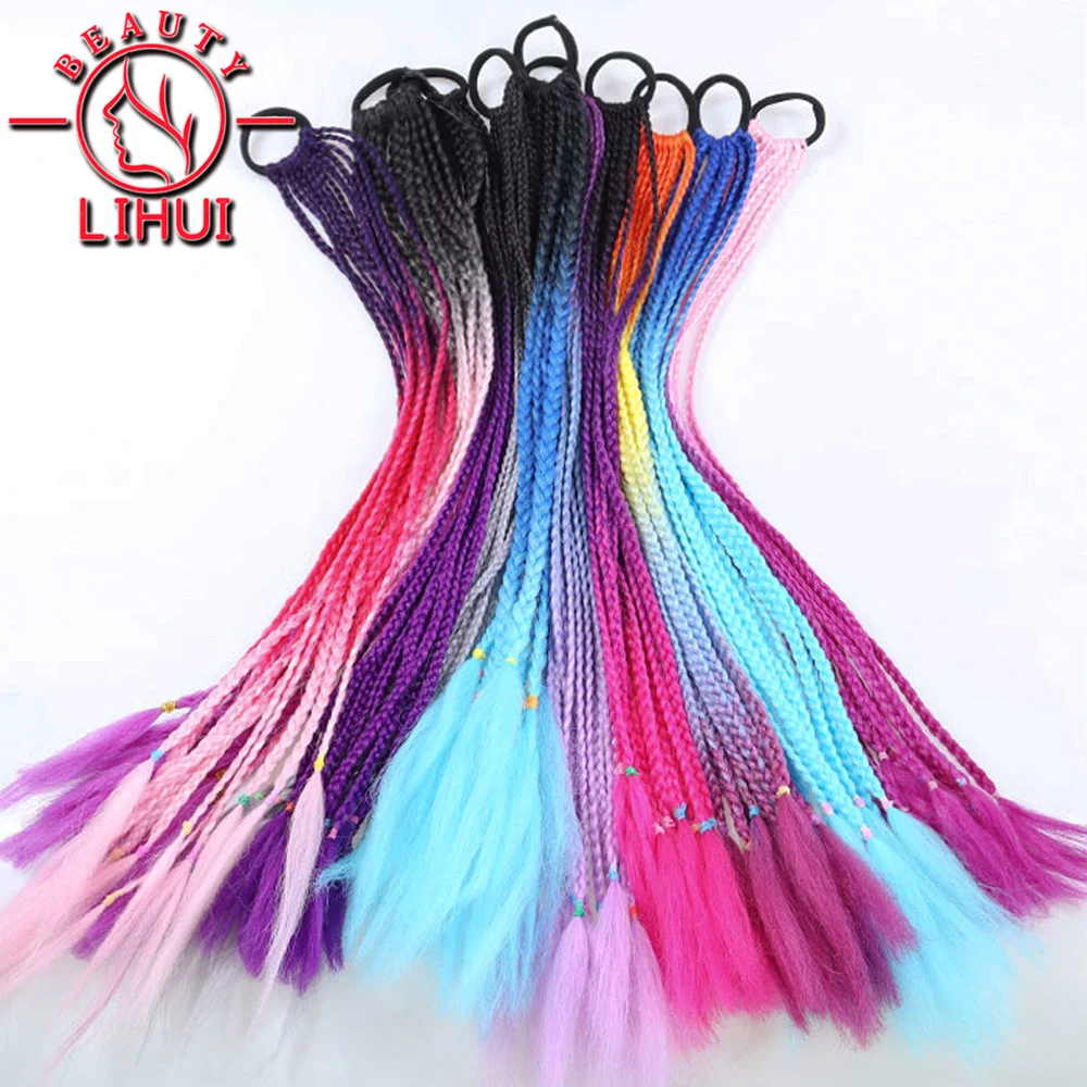 

Box Braids Hair For Kids Box Braid Ponytail Extensions Ombre Synthetic Hairpiece With Rubber Band Pontail Pink Rainbow 24Inch