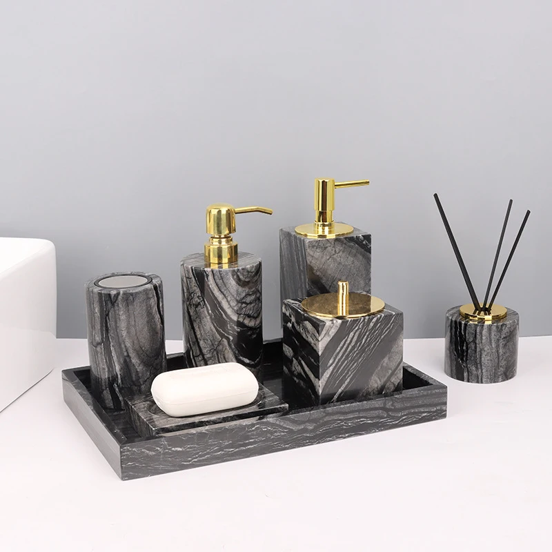 Marble Bathroom Set Light Luxury Black Wood Grain Hotel Toiletries Toothbrush Cup Lotion Bottle Soap Dish Bathroom Accessories