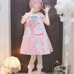 Lolita Sweet Short-sleeved Summer Cute Soft Girl Dress High Waist Victorian Dress Lace Bowknot Cute Printing Kawaii Girl Lolita