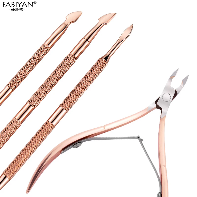 Aço inoxidável Double Head Nail Art, Dead Skin Pusher, Cutícula Nipper, Tesoura, Manicure Set, Rose Gold, Gel UV Remover, 2 Pcs, 4Pcs Set