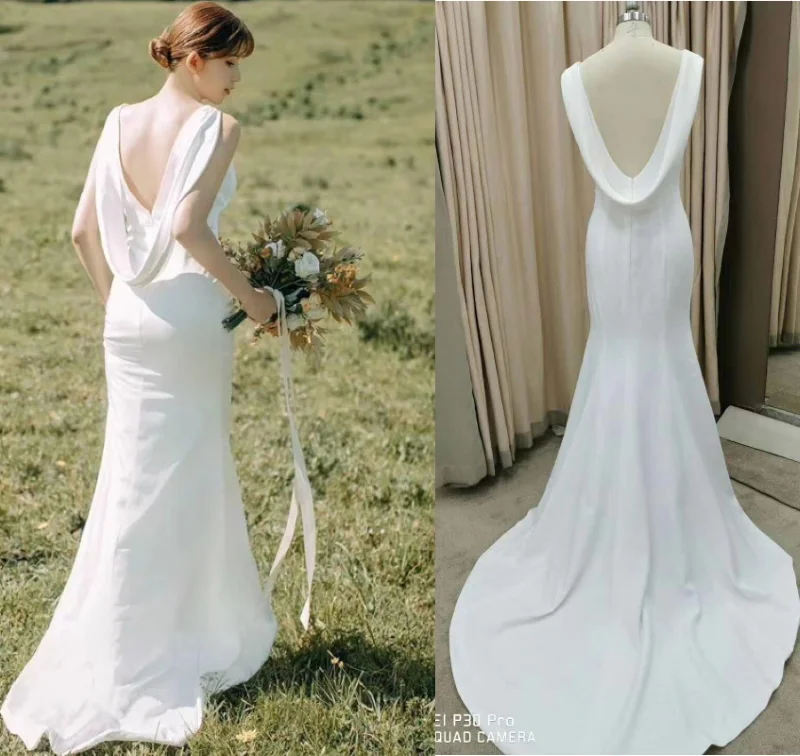 

REAL PICTURE #3101 Ready To Ship Sleeveless White Backless Satin destination bridal gown simple plus size Mermaid Wedding Dress