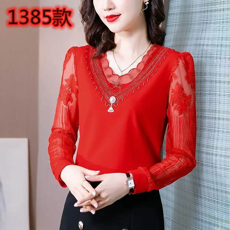 Chiffon Bottoming Shirt Women\'s Autumn New Fashion Beaded T-shirt Long Sleeve V Neck Mesh Lace Loose Blouse Blusas Mujer De Moda