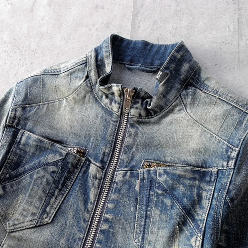 New Autumn Denim Jacket Men Teenager Slim Zipper Stand Collar Jacket Street Vintage Fashion Biker Motorcycle Coat M-3XL