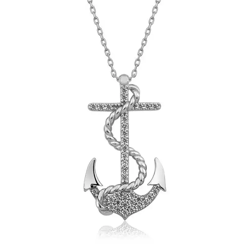 Silver Sea Anchor Lady Necklace 925 Sterling Women Fine Jewelry Wedding Party Birthday Gift - Box - Pendant - Chain Choker - Female - Ladies - Fashion