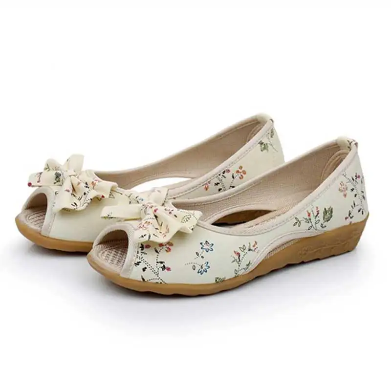 Veowalk Flower Print Women Peep Toe Bow Canvas Flat Sandals Summer Ladies Casual Comfortable Non-Skid Slip On Shoes