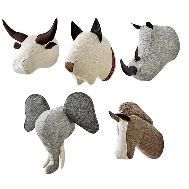 Décoration murale en forme de tête d'animal, éléphant, chien, cheval, rhinocéros, buffle, jouet beurre en peluche, pour chambre d'enfant, cadeau d'anniversaire