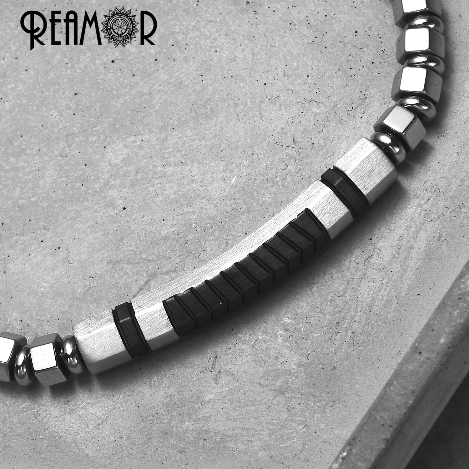 REAMOR New Adjustable Men Bracelets Black Matte Stainless Steel Bracelet Silver Color Natural Hematite Bangles Detachable Clasp
