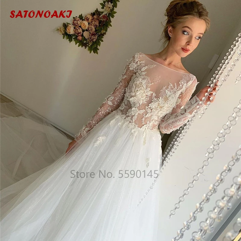 Vestido De Novia De encaje De manga larga, elegante, apliques transparentes con botones en la espalda, Vestidos De Novia De corte en tren, Vestidos De Novia indefinidos en línea