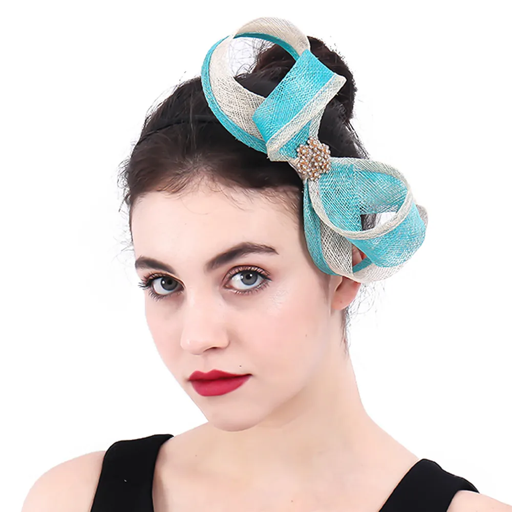 

Elegant Women Turquoise Loops Bow Fascinator Hair Accessories With Brooch Ladies Wedding Party Floral Headband Hairpin Headwear