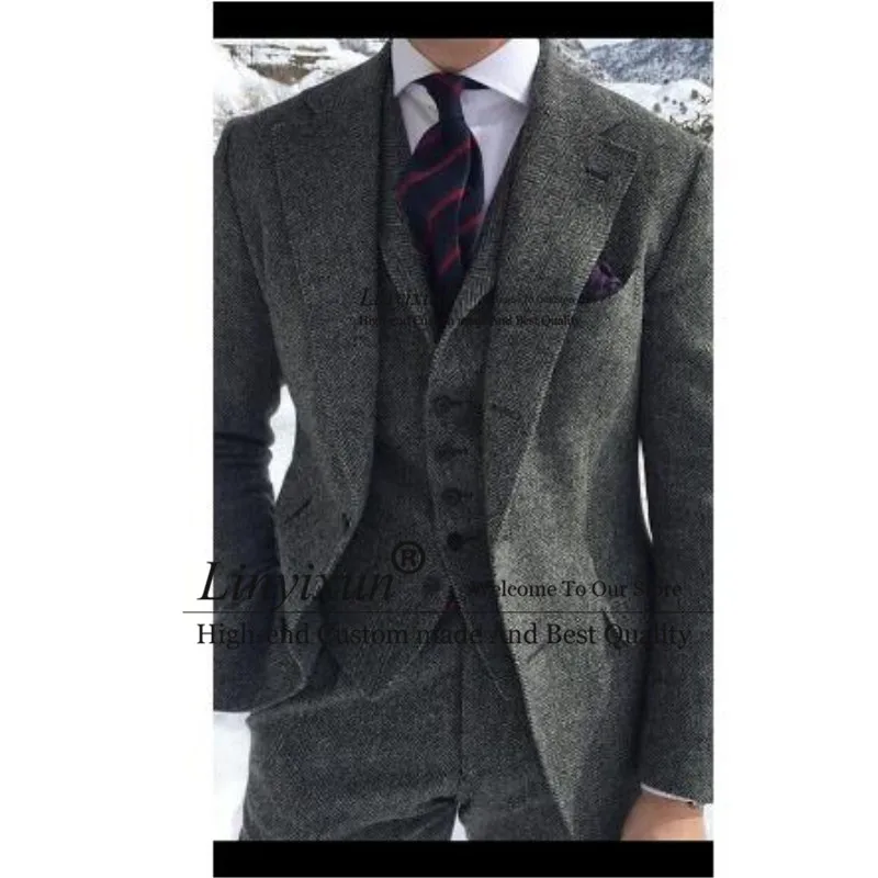 

Herringbone Tweed Grey Men Suit Formal Groom Wedding Tuxedos Business Male Blazers 3 Pieces Sets Tweed Slim Fit Terno Masculino