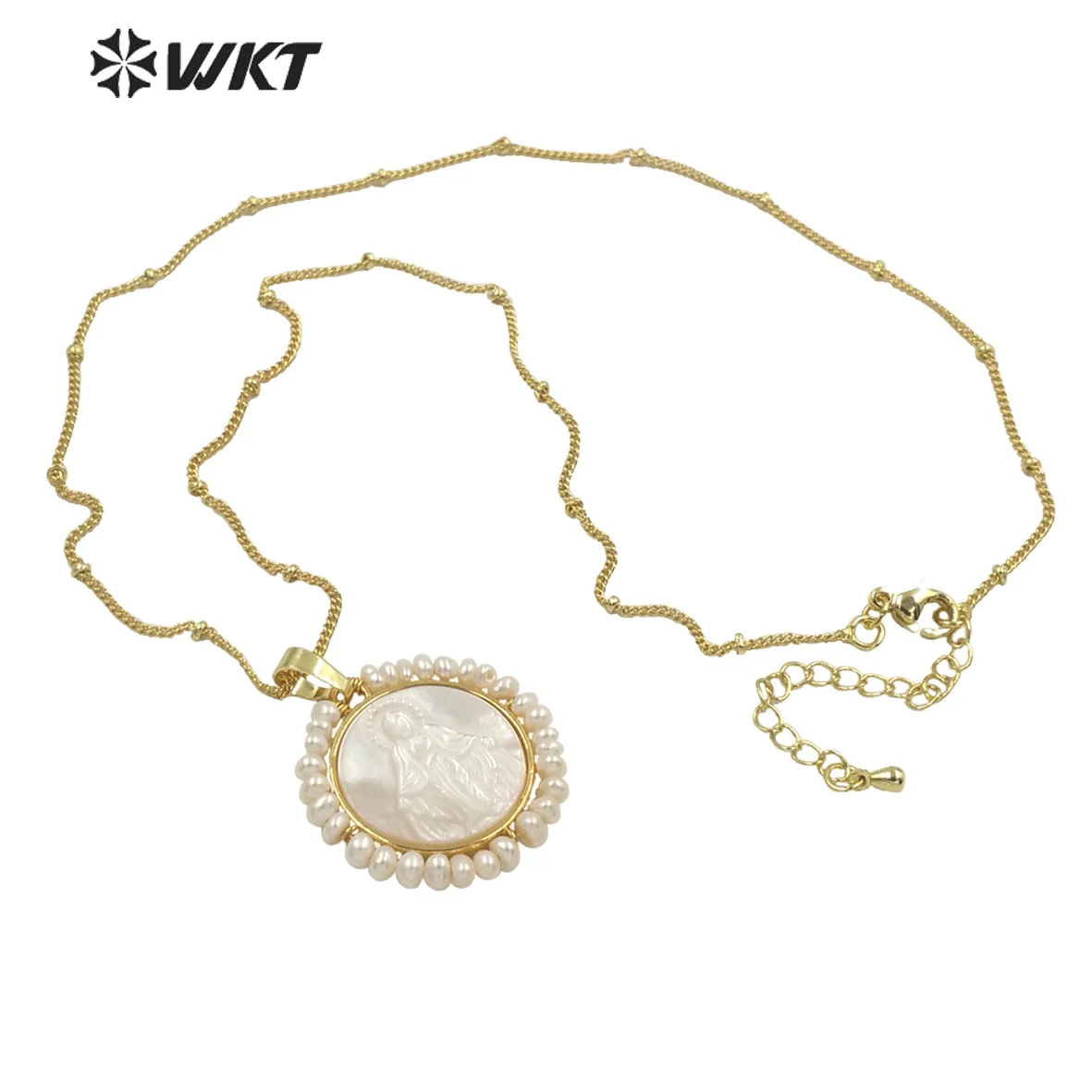 WT-JN154 WKT Newest Fashion gold wire wrapped tiny pearl decorative Round mother of pearl shell Virgina Mary necklace