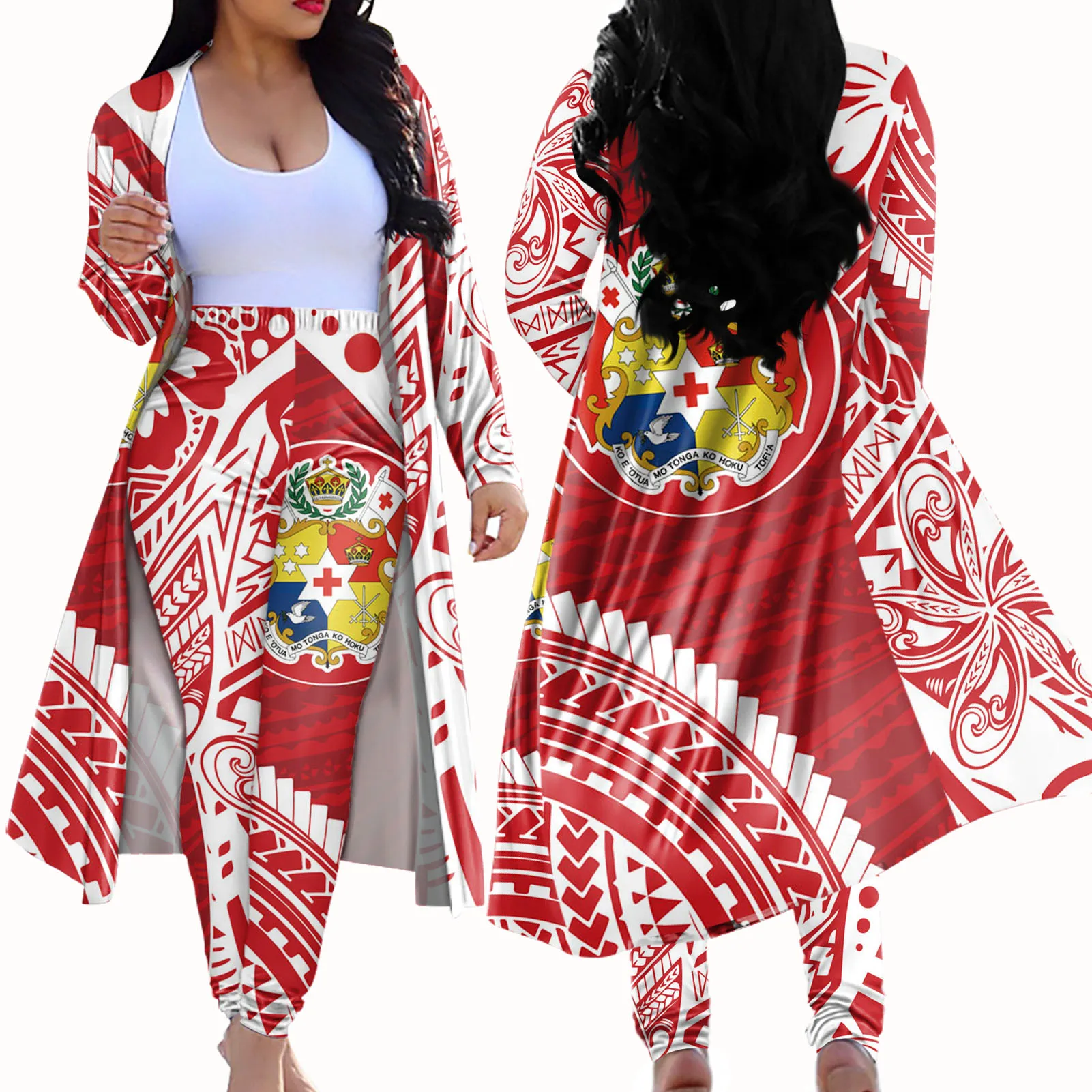 Wholesale Polynesian Tattoo Kimono Jacket Tonga Tribal Tatau Tracksuit Matching Cardigan Set Custom Long Pant Cardigan