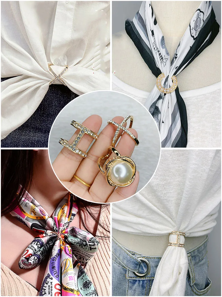 Fashion Pearl Rhinestone Brooches for Women Square Scarf Buckle Geometry Cross Brooch Pin Metal Ring Clothing Accessories