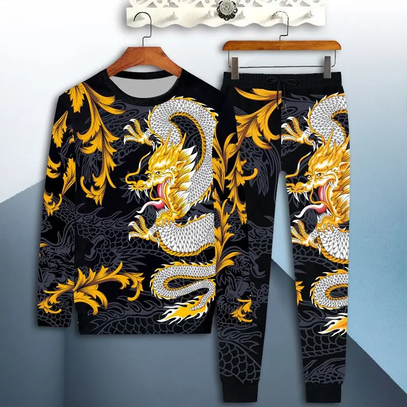 New men\'s sportswear suit men\'s 3D tiger long-sleeved casual slim T-shirt trousers 2-piece 3D dragon print T-shirt clothes