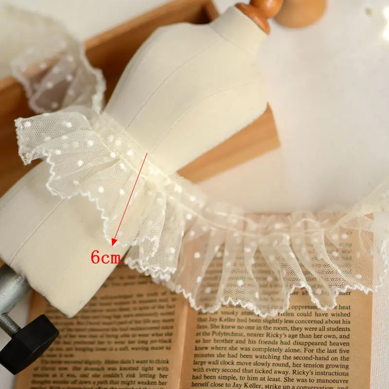 3meters/lot 6-10cm Beige Mesh lace trim Fold skirt dot lace accessories DIY decorative Fabric Dance skirt edge X1195