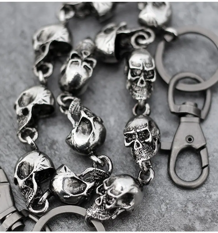 59CM Men\'s Waist Key Chain Skull Head Metal Vintage Hip Hop Gothic Punk Skeleton Pants Trousers Jean Biker Wallet Key Ring DW55