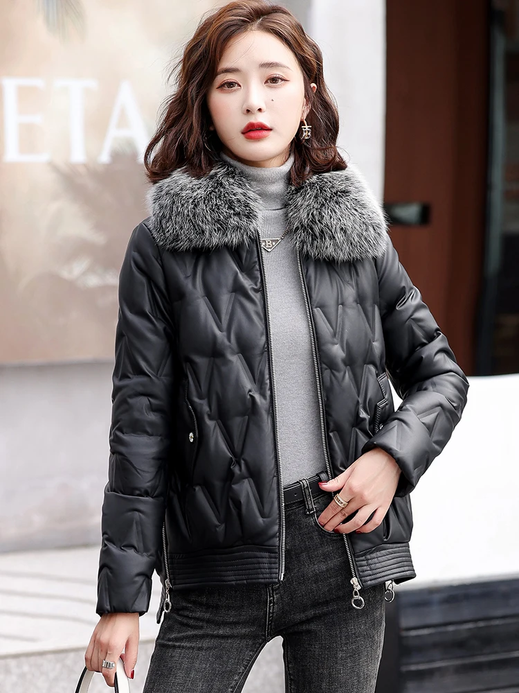 Mới mẻ Phụ nữ Ngắn Áo khoác xuống da Thu đông Thời trang Ấm áp Fox Fur Collar Dập nổi hình chữ V Lỏng lẻo Da cừu Áo khoác xuống