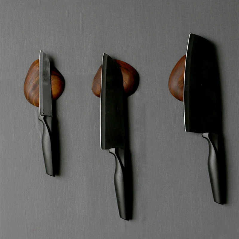 1- 4PCS Cobblestone Wood Kitchen Magnetic Knife Holder Utensil Slicing Chef Santoku Knives Storage Rack Magnet Knife Stand Block