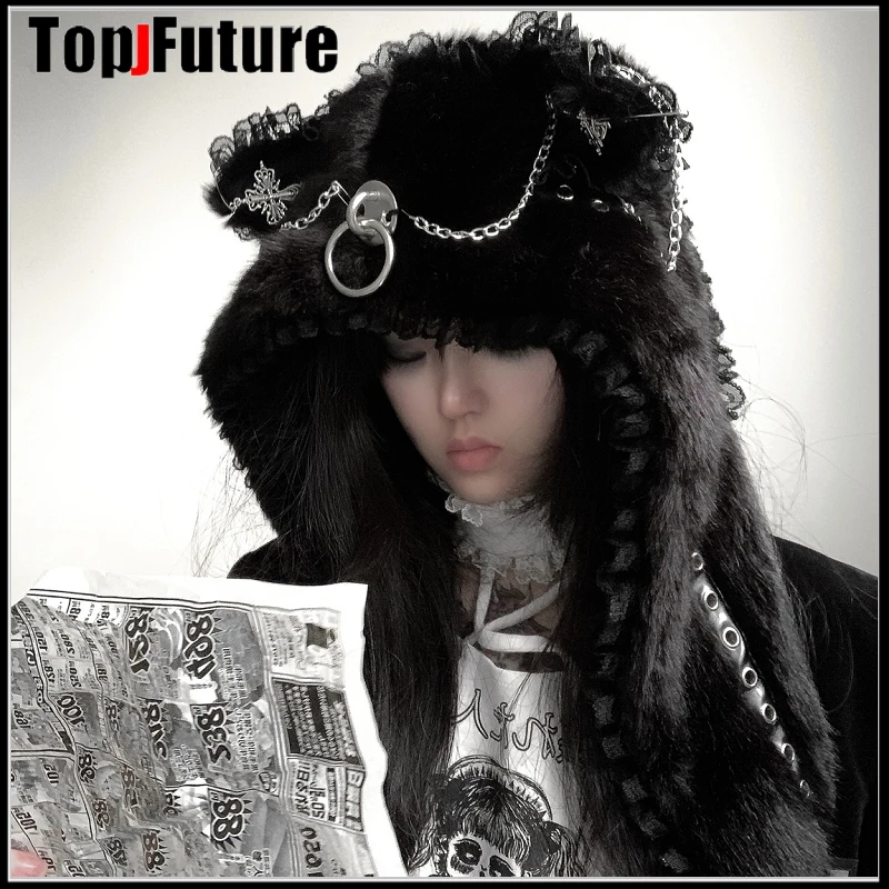 Harajuku Gothic Grunge Mechanical Cat Ear Hat For Women Girls   Plush Hooded Gloves Scarf Caps Cosplay christmas party furry hat