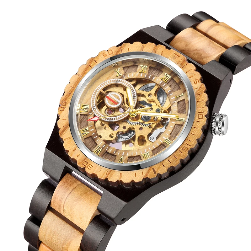 

Wooden Mechanical Watch Men Automatic Steampunk Watch Mens Skeleton Watches Bronze Transparent Vintage Sport Wristwatch Male