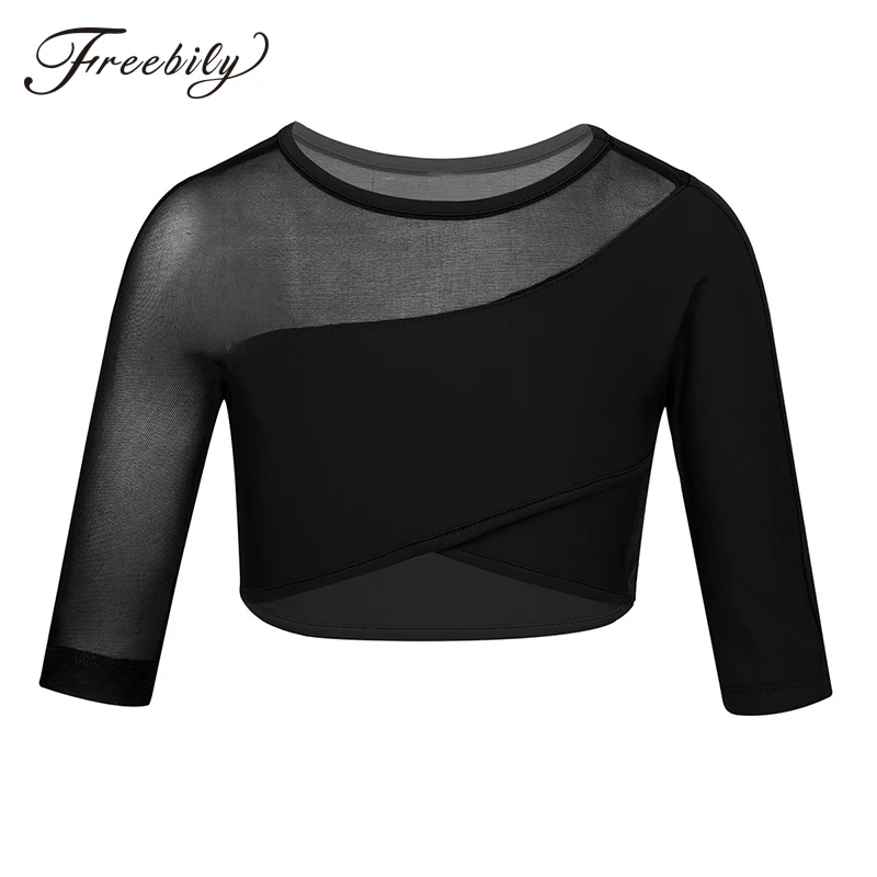 Girls 3/4 Sleeves Asymmetrical Dance Crop Top for Ballet Dance Stage Performance Sports Workout Tops Child Kids Dance Wear