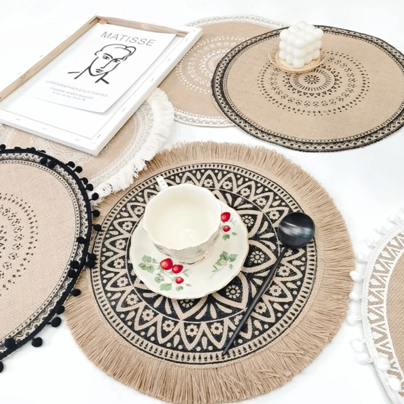 Creative Mandala Round Placemat Boho Woven Macrame Fringe Tassels Table Mat Heat Resistant Cup Plate Coaster Decor