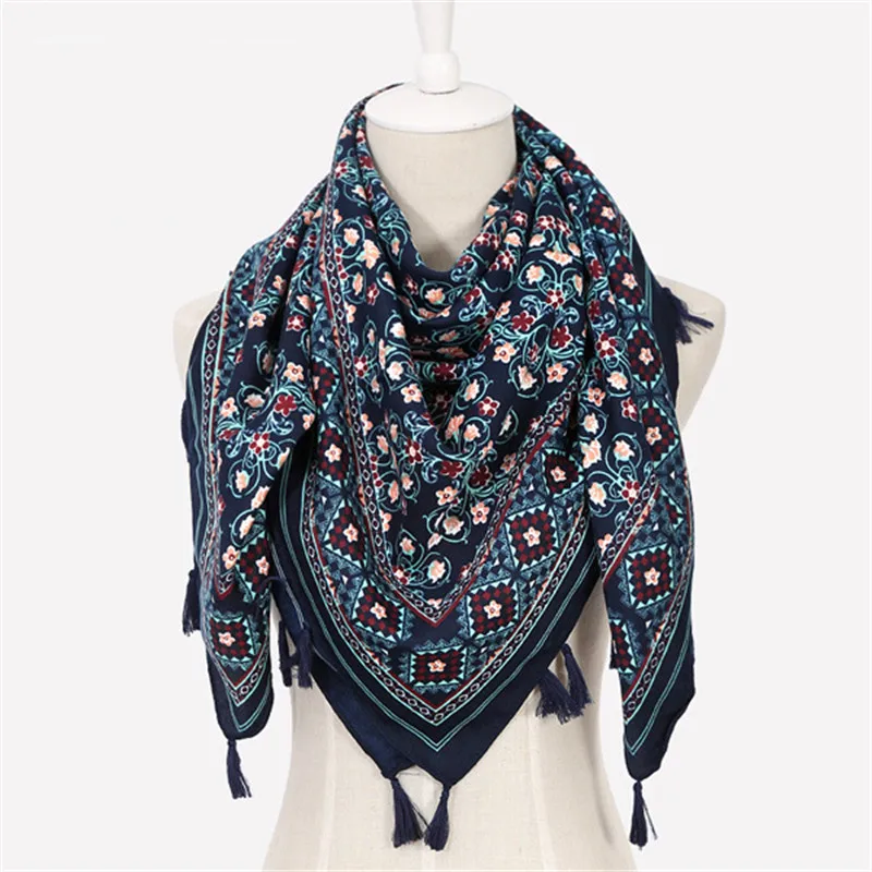 110*110cm Bohe Style Cotton Printed Square Scarf for Women Russian National Scarves Ethnic Fringed Shawl Lady Winter Blanket