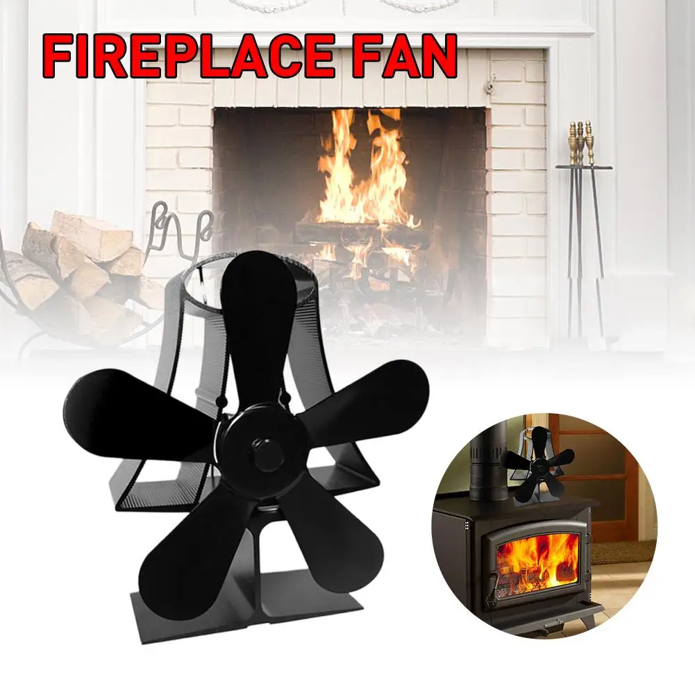 

Black Fireplace 4 Blade Heat Powered Stove Fan Heat Powered komin Wood Burner Eco Fan Home Fireplace Fan Efficient Heat