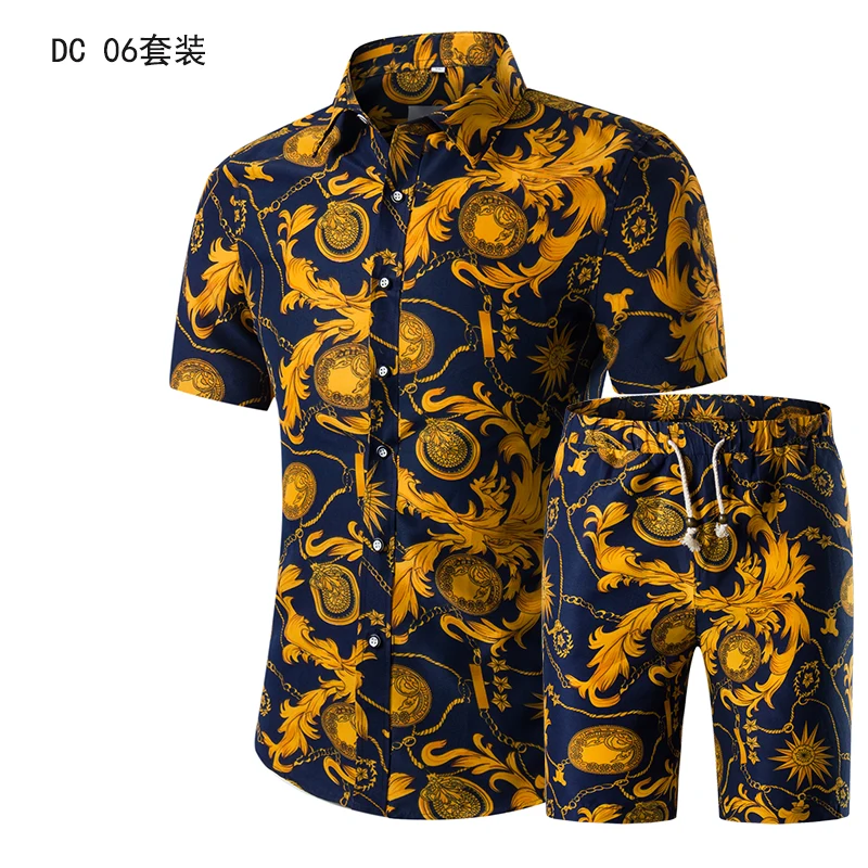 

Summer Mens Fashion 2022 Gold Luxury Designer Shirts For Mens Set Fancy Hawaii Beachwear Floral Printed Mens Short Sleeve Club