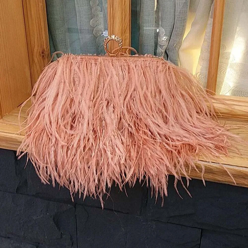 Women Ostrich Fur Evening Bag Luxury Wedding Party Handbag Phone Purse Long Chain Tassel Shoulder Bag Valentine Day Gift Clutch