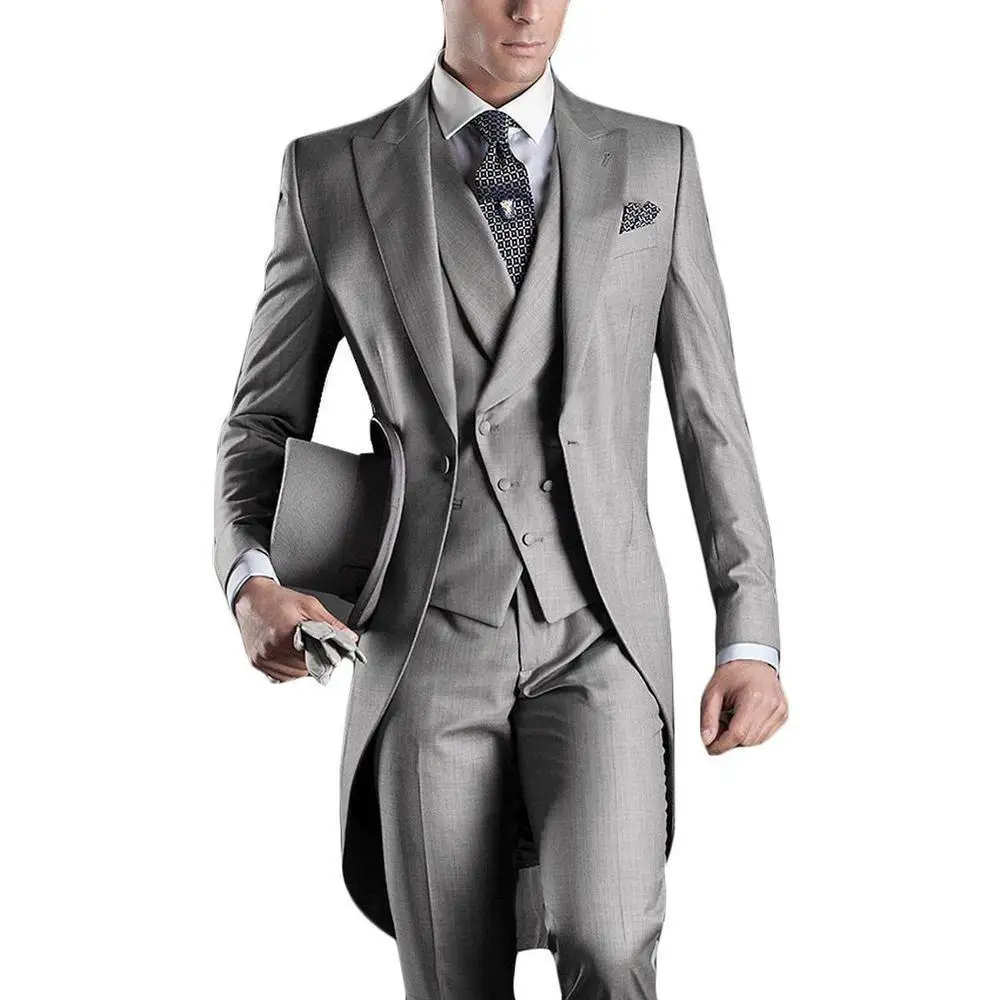 2020 Nieuwste Grey Mannen Lange Tailcoat Mans Suits Voor Bruiloft Bruidsjonkers Slanke Pakken Bruidegom Pak Drie Stukken Suit (Jack + Broek + Vest)