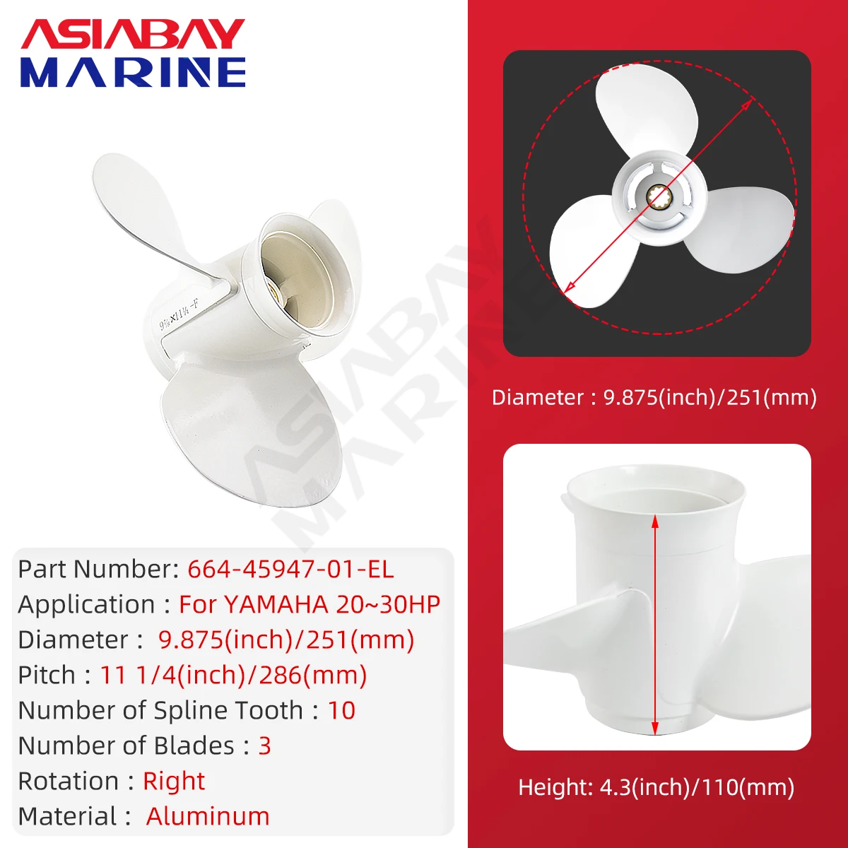 Outboard Propeller For Yamaha 20hp 25hp 30hp 9 7/8*11 1/4 Boat Motor Aluminum Alloy Screw 3 Blade 10 Spline Ship Marine Engine P