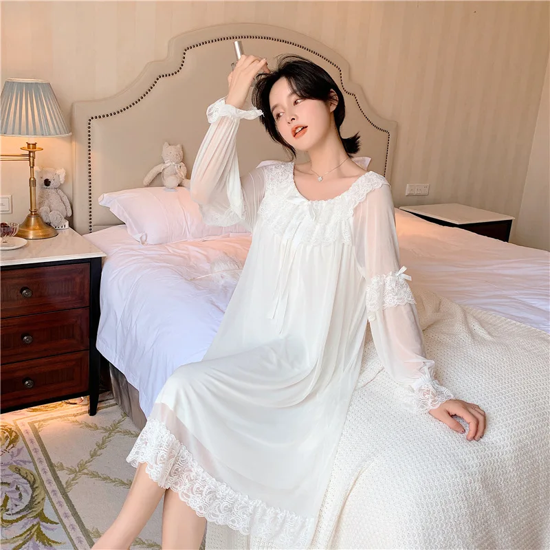 

Sexy Ladies Modal Lace Nightdress Women Spring Summer Casual Long Sleepshirt Princess Retro palace Nightshirt Loose Homewear