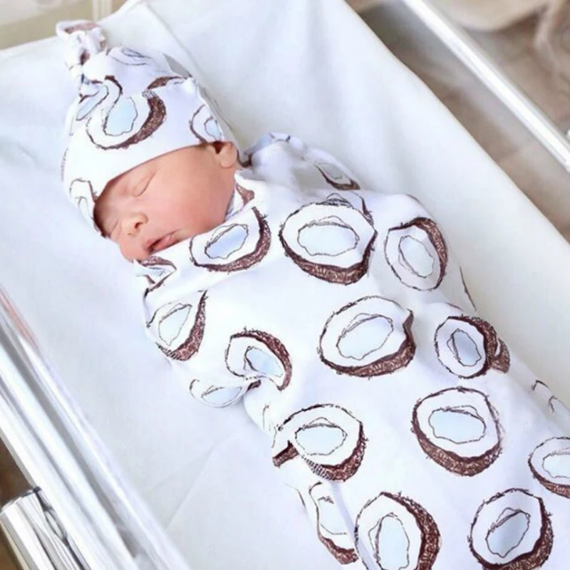 HappyFlute Newborn Soft Cocoon Wrap+Hat Baby Receiving Blanket Bedding Cute Print Infant Sleeping Bag For 0-6M Baby