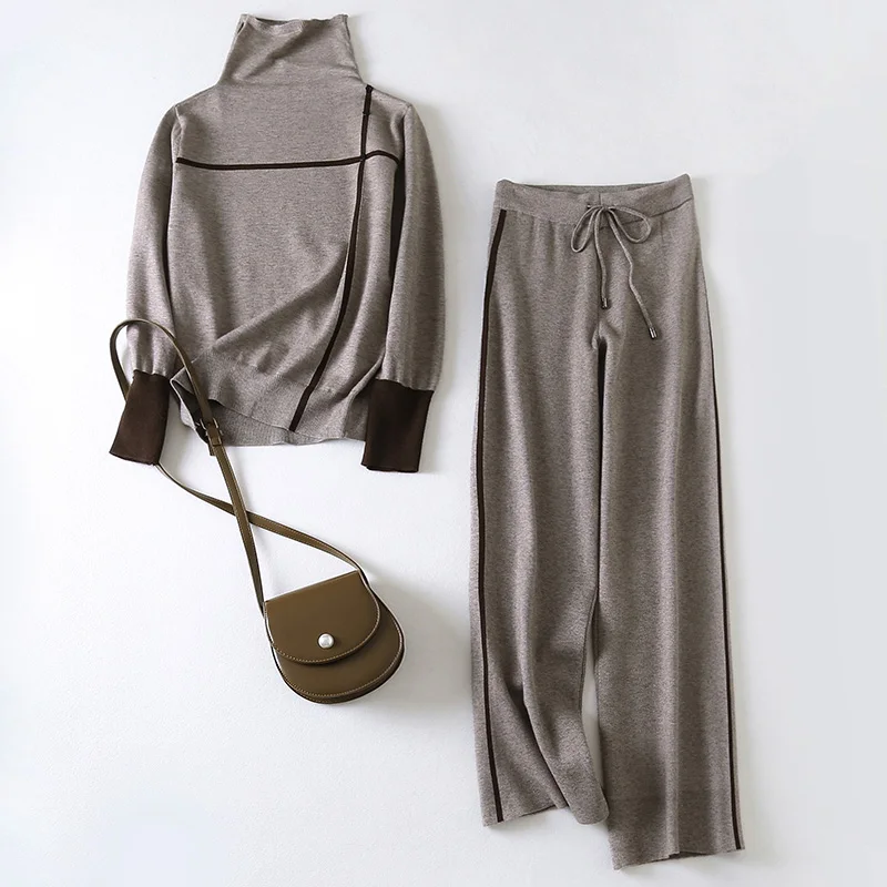 2 Pieces Knitted Suit Set Autumn Winter Women Sweater Suits Long Sleeve pullovers+Wide Leg Pants Sets Warm Sweater Track Suits