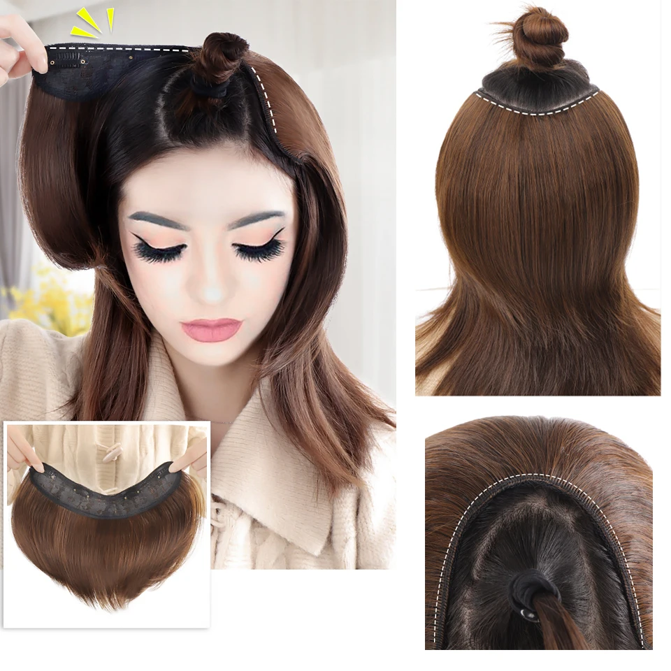 HUAYA Short Hair Pieces Invisible Clip in Hair Pad High Hair Pieces in Hair Extension Fluffy Synthetic Natural Wig For Women