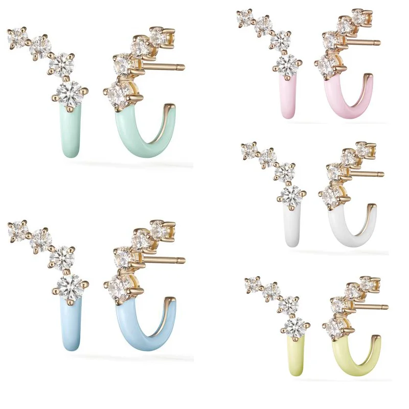 5A Clear Cubic Zirconia CZ Curved Bar Stud Geometric Pastel Enamel Colorful Summer Fashion Women Earring