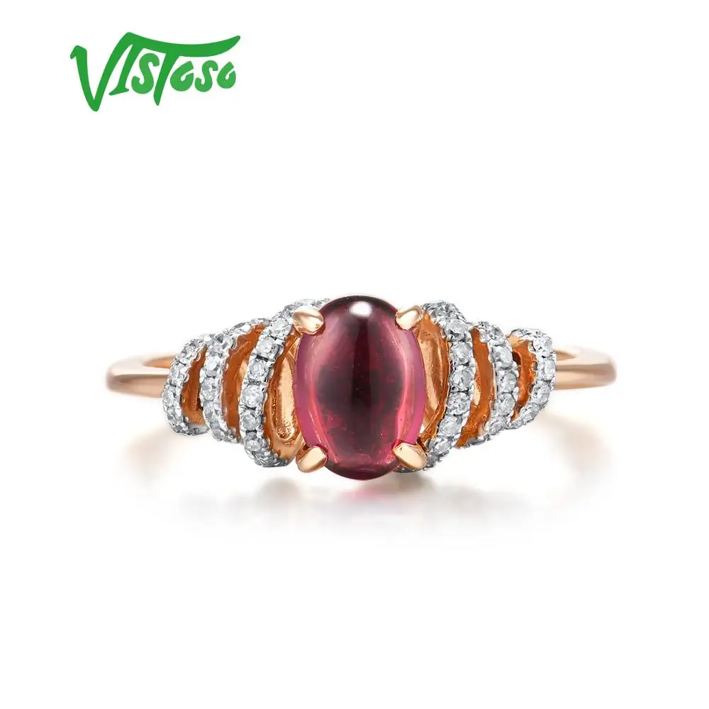 VISTOSO Pure 14K 585 Rose Gold Ring For Women Shining Diamond Rhodolite Garnet Luxury Wedding Engagement Elegant Fine Jewelry