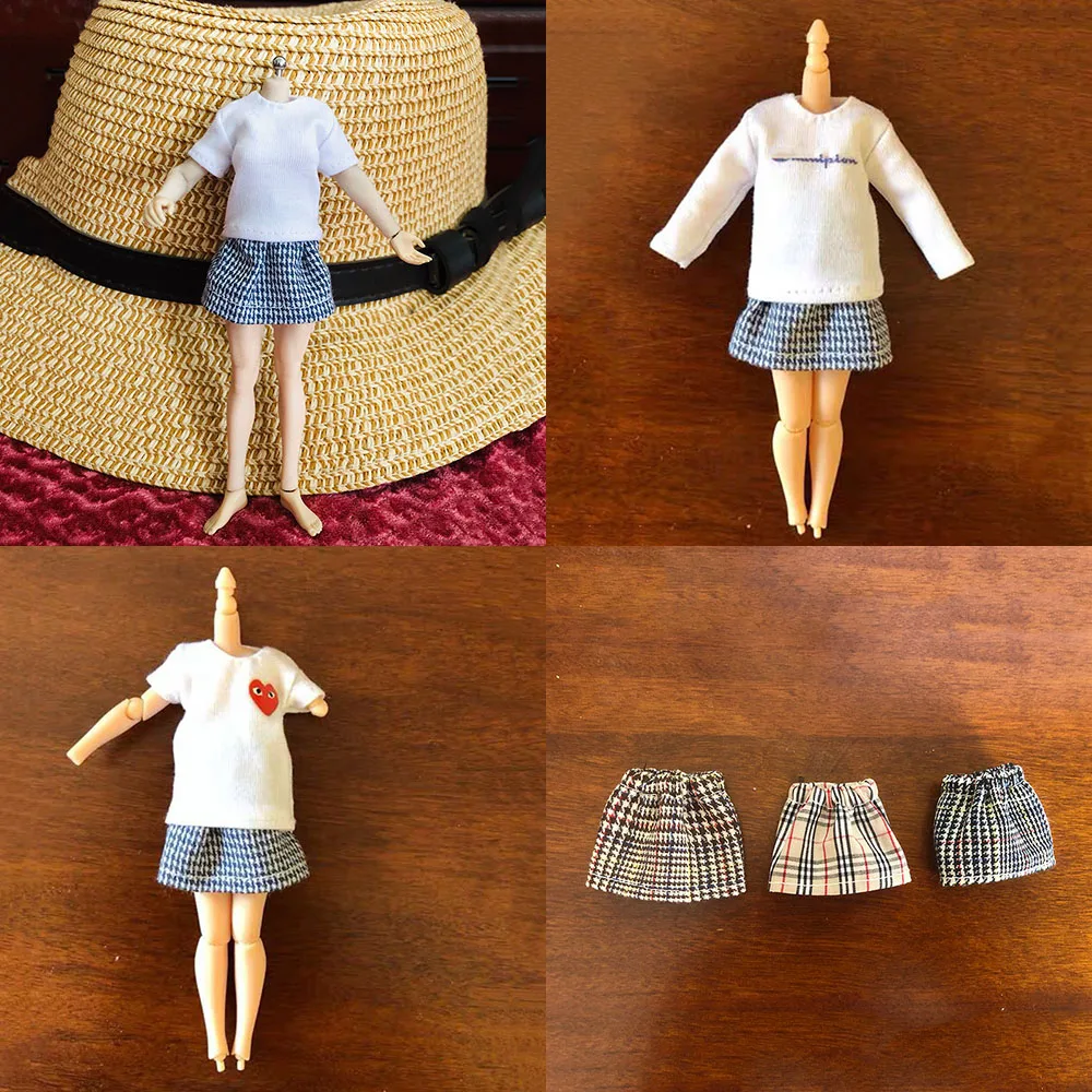 In Stock 1/12 Scale Fashion Female Long Sleeve /Short Sleeve T Shirt Plaid Short Skirt for 6 inches Action Figure Body