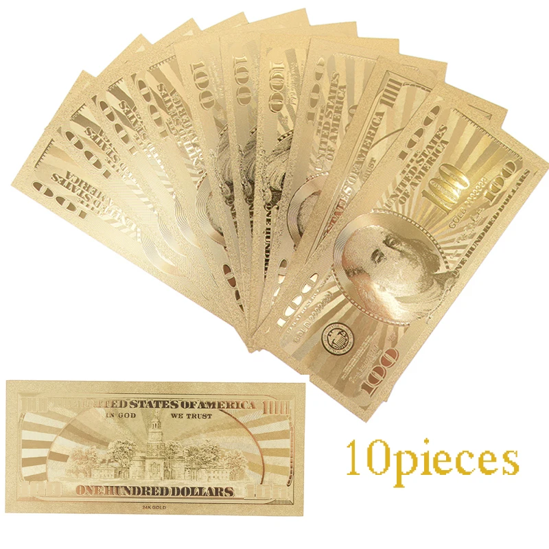 10Pcs/Lot Commemorative Gold Banknotes 100 Dollar USA Currency Bill Fake Paper Money Coin Medal 24k United States OF America