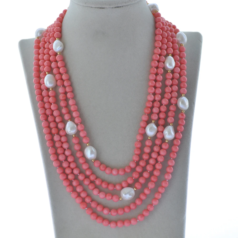 

Z10401 5Row 22" 14mm White Baroque Pearl Pink Round Coral Necklace