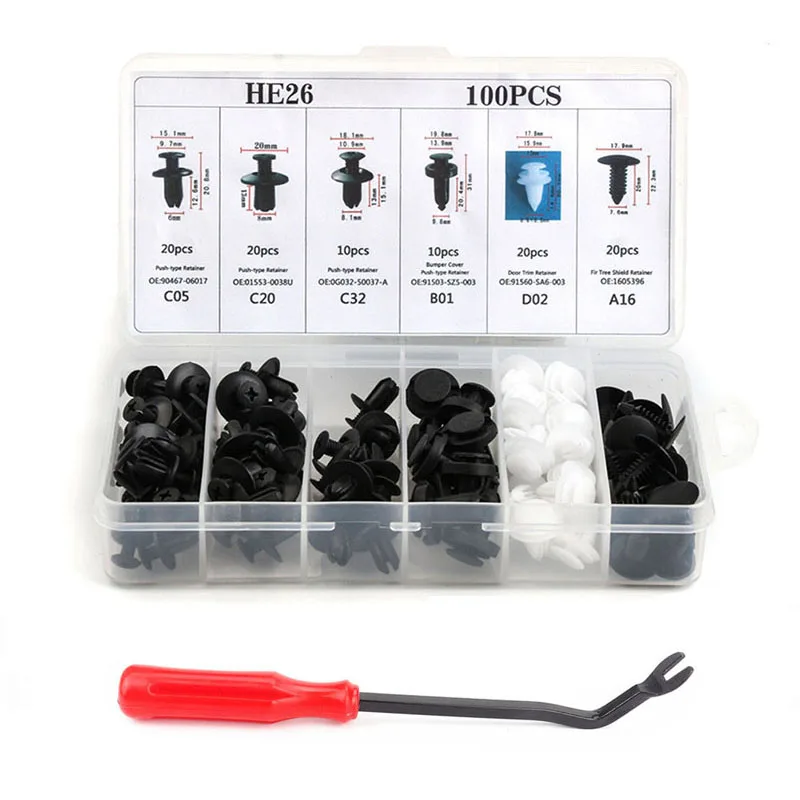 100pcs Mixed Car Fastener with Removal Tools Car Body Push Retainer Pin Rivet Bumper Door Trim Panel Retainer Fastener Kit