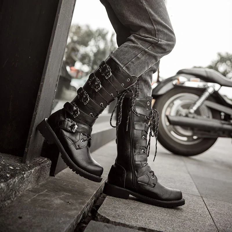 Size 38-46 Men\'s Leather Motorcycle Long Boots Mid-calf Breathable Combat Gothic Belt Punk Boots Men Shoes Rock Punk Shoes