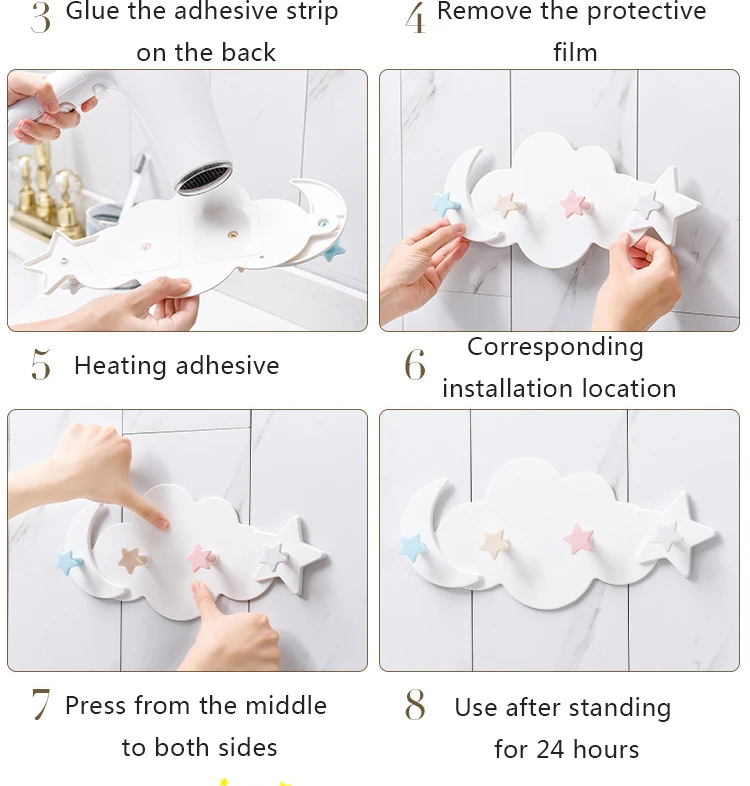 Selbstklebende Haken Kawaii Cartoon Wolke Kinderzimmer Haken an der Wand hängen Dekor nahtlose Tür Kleiderbügel Badezimmer – Detail 10