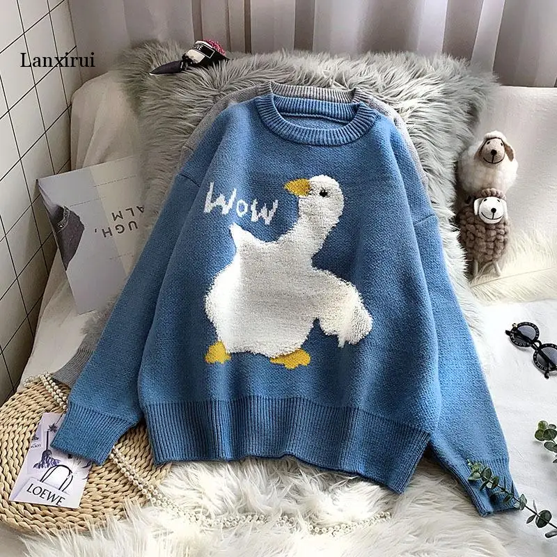 

Casual O Neck Knitted Sweater Female Warm Lady Cartoon Duck Letter Sweater Autumn Winter Long Sleeve Pullover Jumper