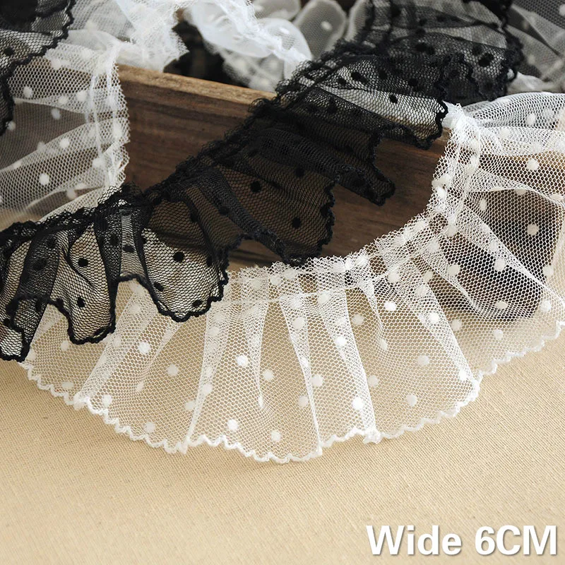 6CM Wide Tulle Fabirc White Black Wavelet Point 3d Pleated Mesh Lace Embroidered Ribbon Ruffle Fringe Trim DIY Sewing Supplies