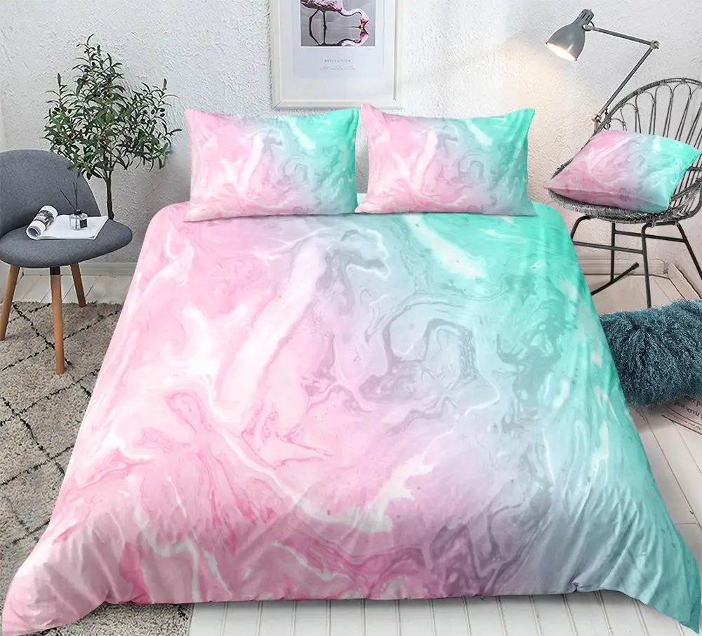 Marble Bedding Set Quicksand Duvet Cover Liquid Marble Bed Linens Kids Teens Home Textile Pastel Girls Bedclothe Pink Bed Cover