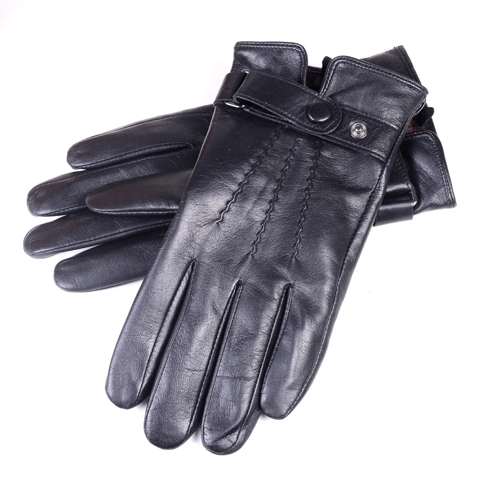 Men's Real Leather Goat Skin Wrist Button Black Winter Warm Touch Screen Driving Short Gloves