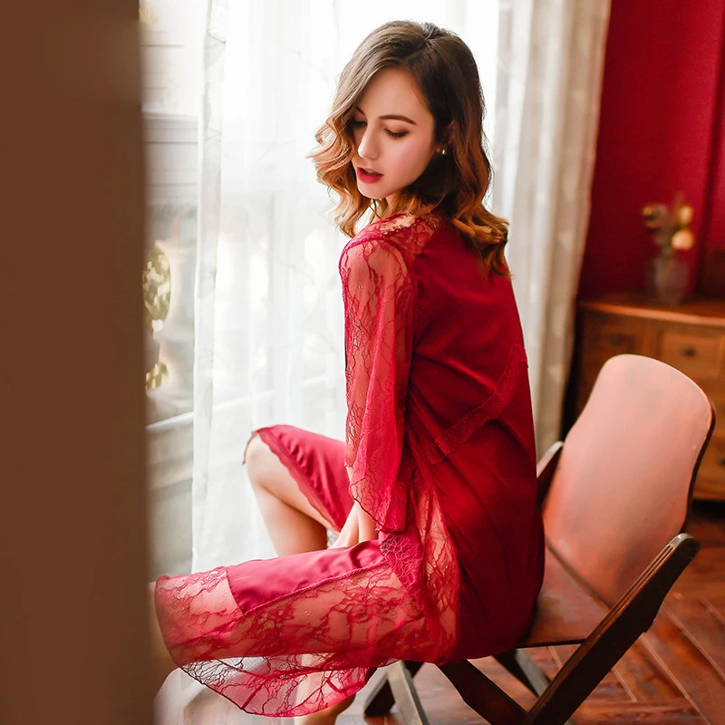 High quality new red elegant female lace stitching satin sleeve embroidery long cardigan nightgown nightdress suit